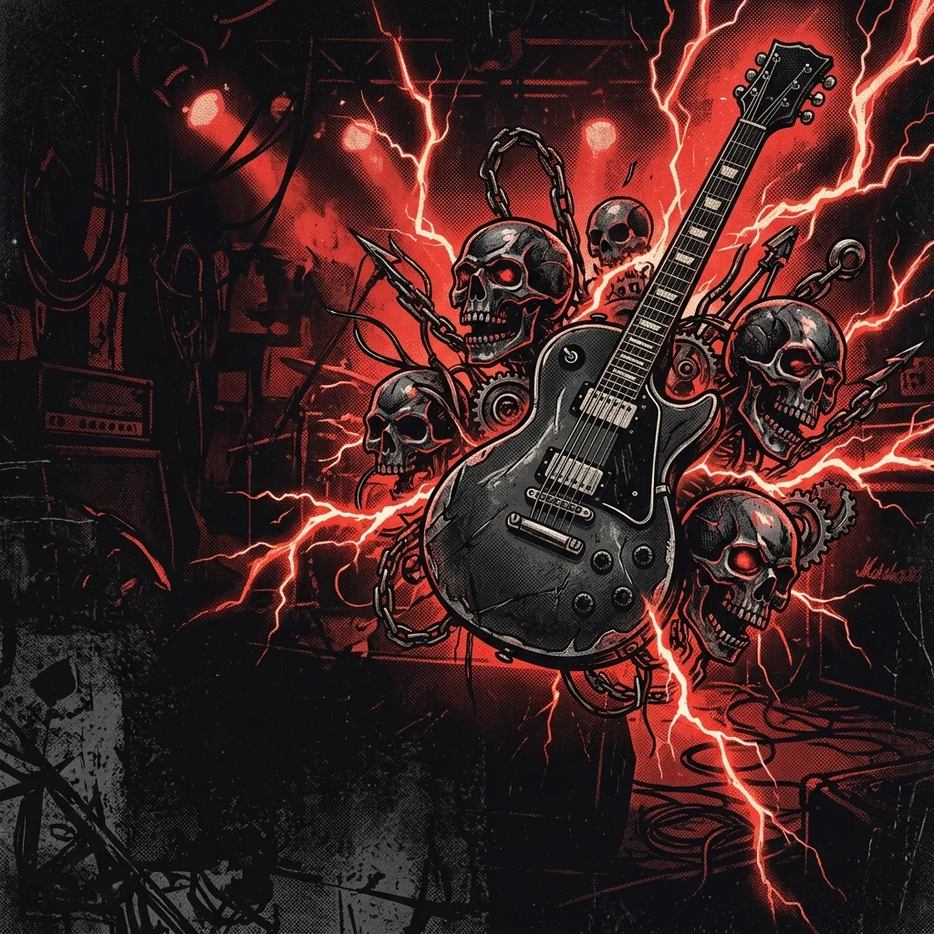 ilustración tributo de una guitarra eléctrica rodeada de calaveras metálicas y relámpagos, fondo oscuro con destellos de color rojo, estética heavy metal de los 2000s, paleta rojo y negro, sin texto ni logotipos