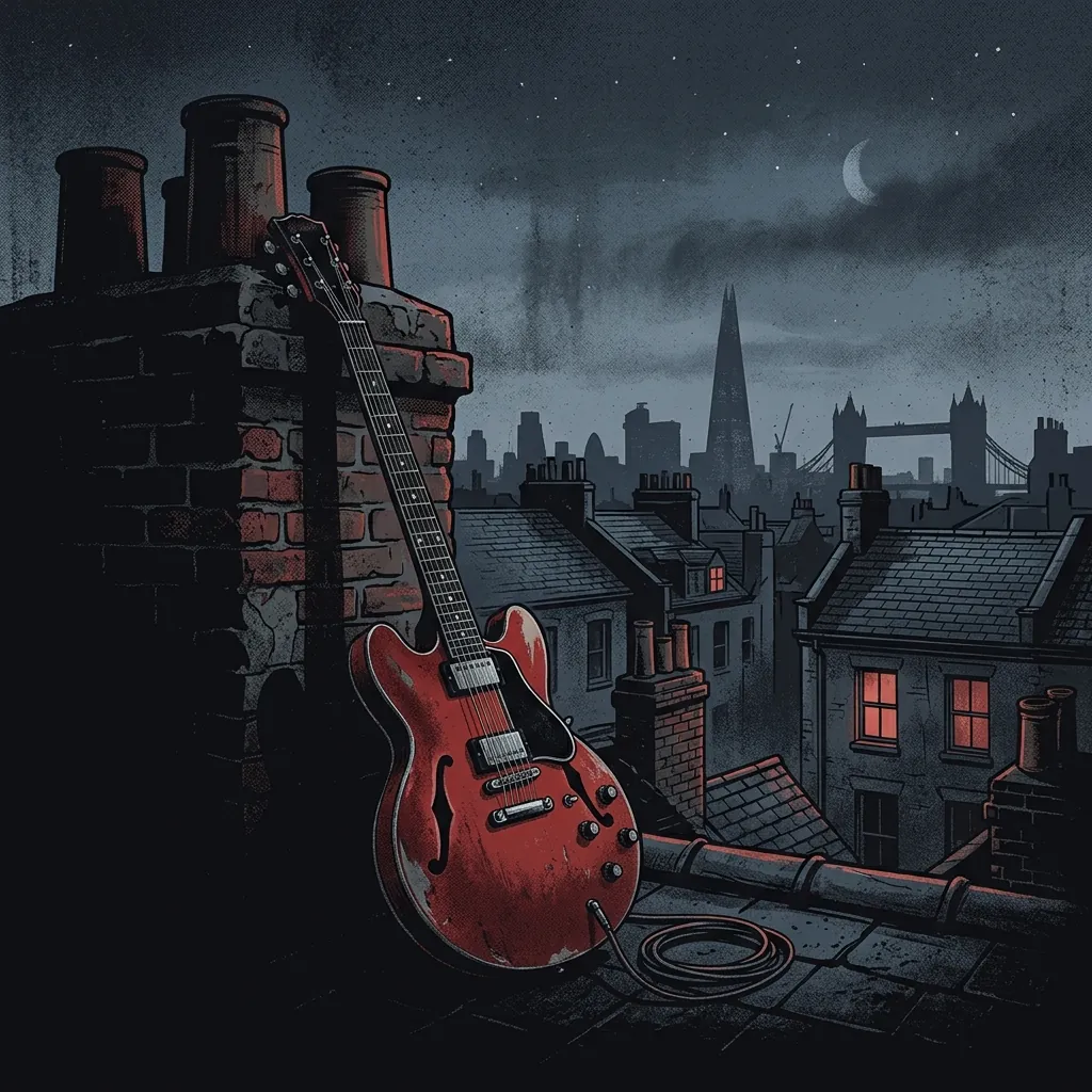ilustración tributo de una guitarra eléctrica blues sobre el fondo de los tejados de Londres al anochecer, atmósfera oscura y bohemia, paleta rojo y negro, sin rostros reconocibles ni logos