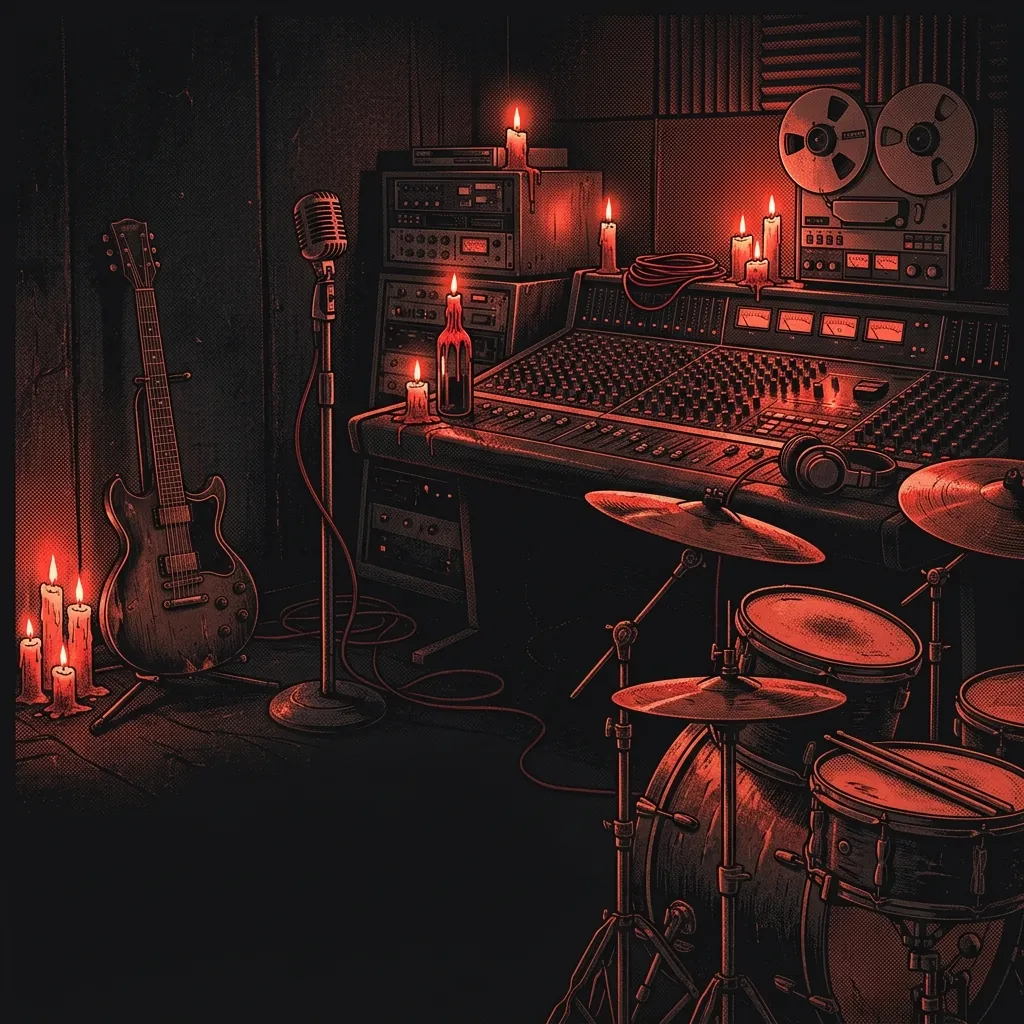 ilustración tributo de cinco siluetas en un estudio de grabación iluminado con velas, reflejos en consolas analógicas, atmósfera de tensión y creatividad intensa, paleta rojo y negro, sin rostros ni logos