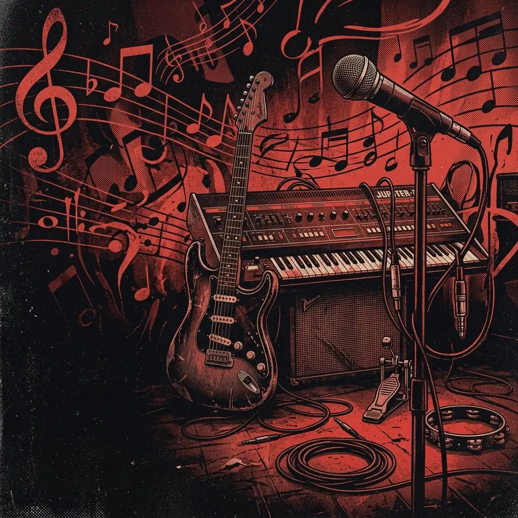 ilustración tributo de un collage de guitarras, teclados vintage y micrófonos de estudio sobre fondo de notas musicales flotantes, atmósfera cálida y misteriosa, paleta rojo y negro, sin texto ni logotipos