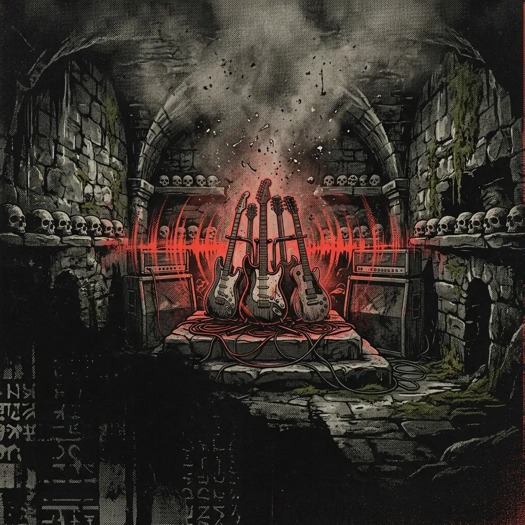ilustración tributo de una cripta subterránea bávara con paredes de piedra húmeda cubiertas de musgo, un altar de guitarras eléctricas con distorsión roja pulsante, calaveras alineadas en las repisas y polvo de hueso flotando en el aire, atmósfera oscura y opresiva, paleta rojo y negro, sin rostros reconocibles ni logos