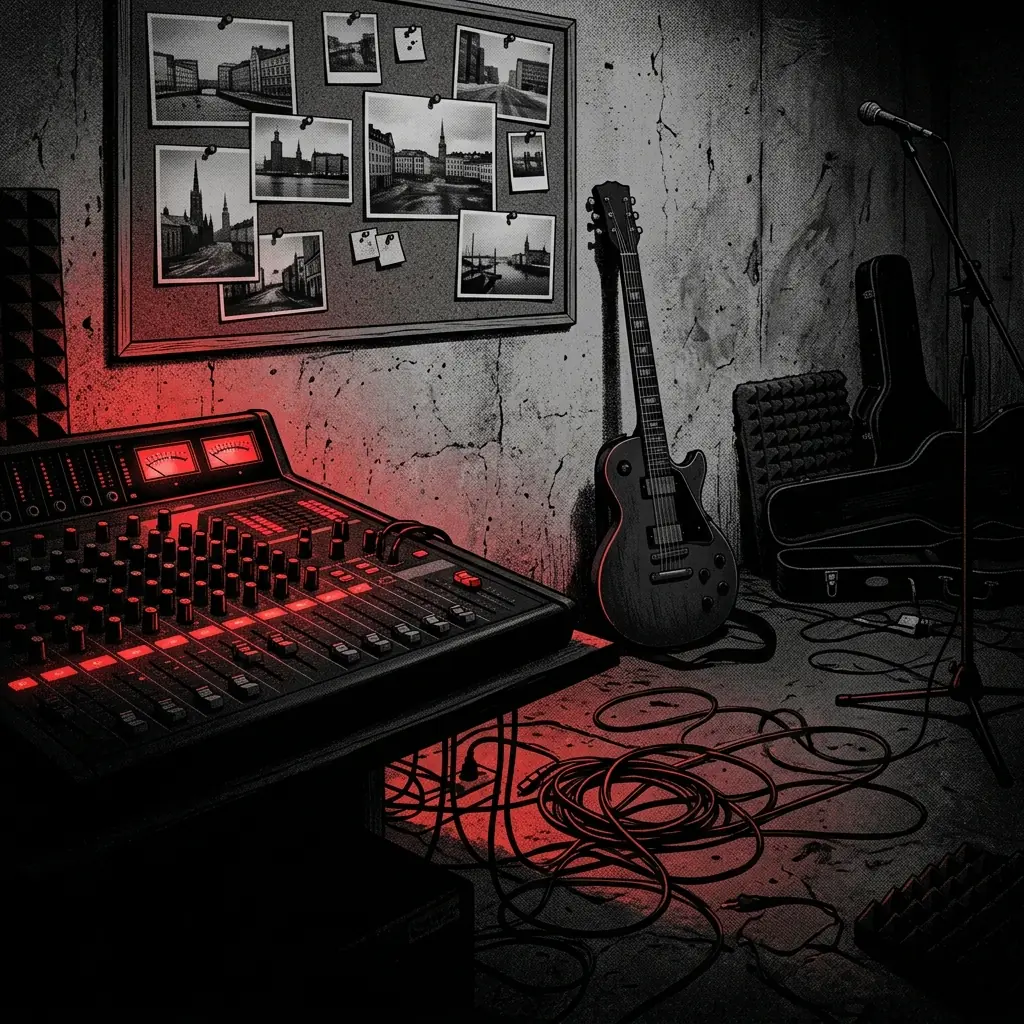 ilustración tributo de un estudio de grabación subterráneo con tableros de mezcla iluminados en rojo, guitarra eléctrica apoyada contra la pared de cemento, fotografías de ciudades nórdicas en blanco y negro clavadas en el tablón de corcho, cables enrollados en el suelo oscuro, paleta rojo y negro, sin rostros ni logos