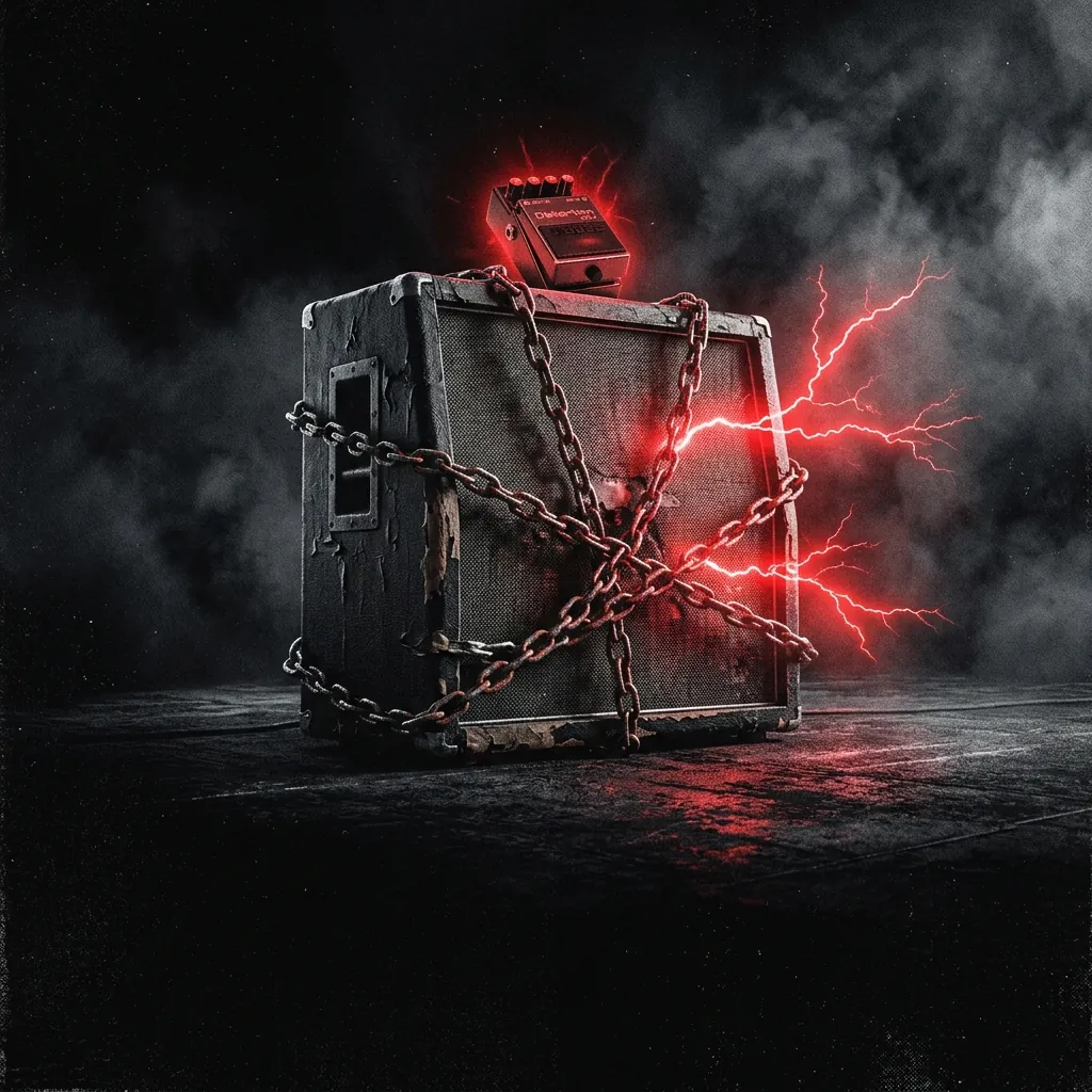 ilustración tributo de un amplificador de guitarra con distorsión HM-2 encendida en rojo pulsante sobre un fondo de niebla negra, cadenas de metal enrolladas alrededor del cabinet, relámpagos rojos saliendo de los conos de los altavoces, composición vertical dramática, paleta rojo y negro, sin texto ni logotipos