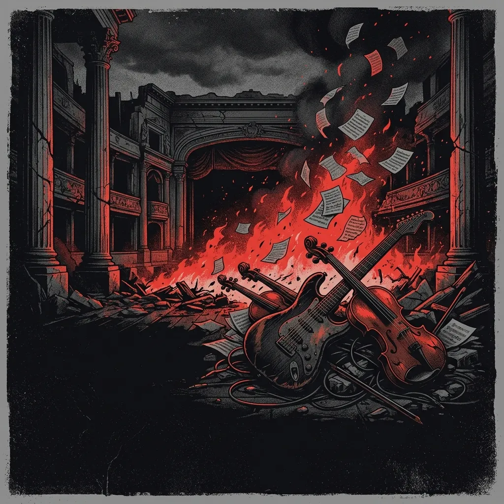 ilustración tributo de un teatro de ópera en ruinas con columnas romanas resquebrajadas, partituras musicales volando entre llamas rojas, guitarras eléctricas entrelazadas con violines sobre fondo negro profundo, sin rostros reconocibles ni logos, paleta rojo y negro