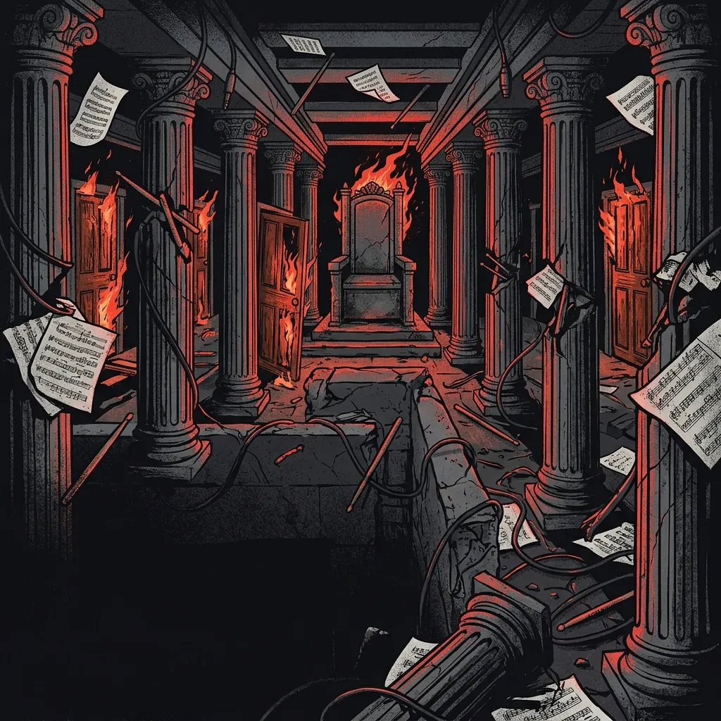 ilustración tributo de un laberinto de columnas clásicas con puertas ardiendo en rojo y negro, partituras de partitura orquestal entrelazadas con cables de guitarra y baquetas rotas, perspectiva dramática hacia un trono vacío, sin rostros ni logos, paleta rojo y negro