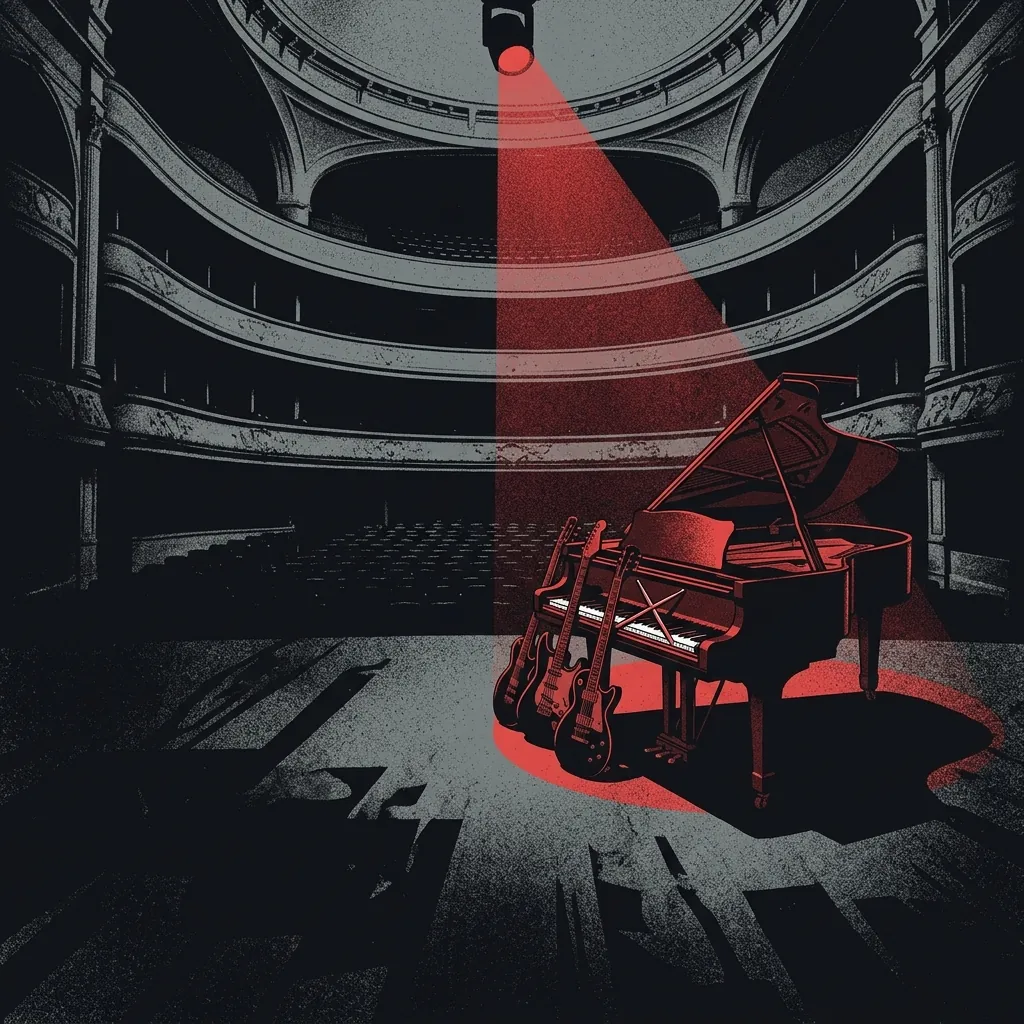 ilustración tributo de un gran salón de ópera sumergido en oscuridad con una sola luz roja sobre un piano de cola y guitarras eléctricas apoyadas en sus costados, baquetas cruzadas sobre el teclado, perspectiva desde el fondo de un teatro vacío hacia el escenario, paleta rojo y negro, sin texto ni logotipos
