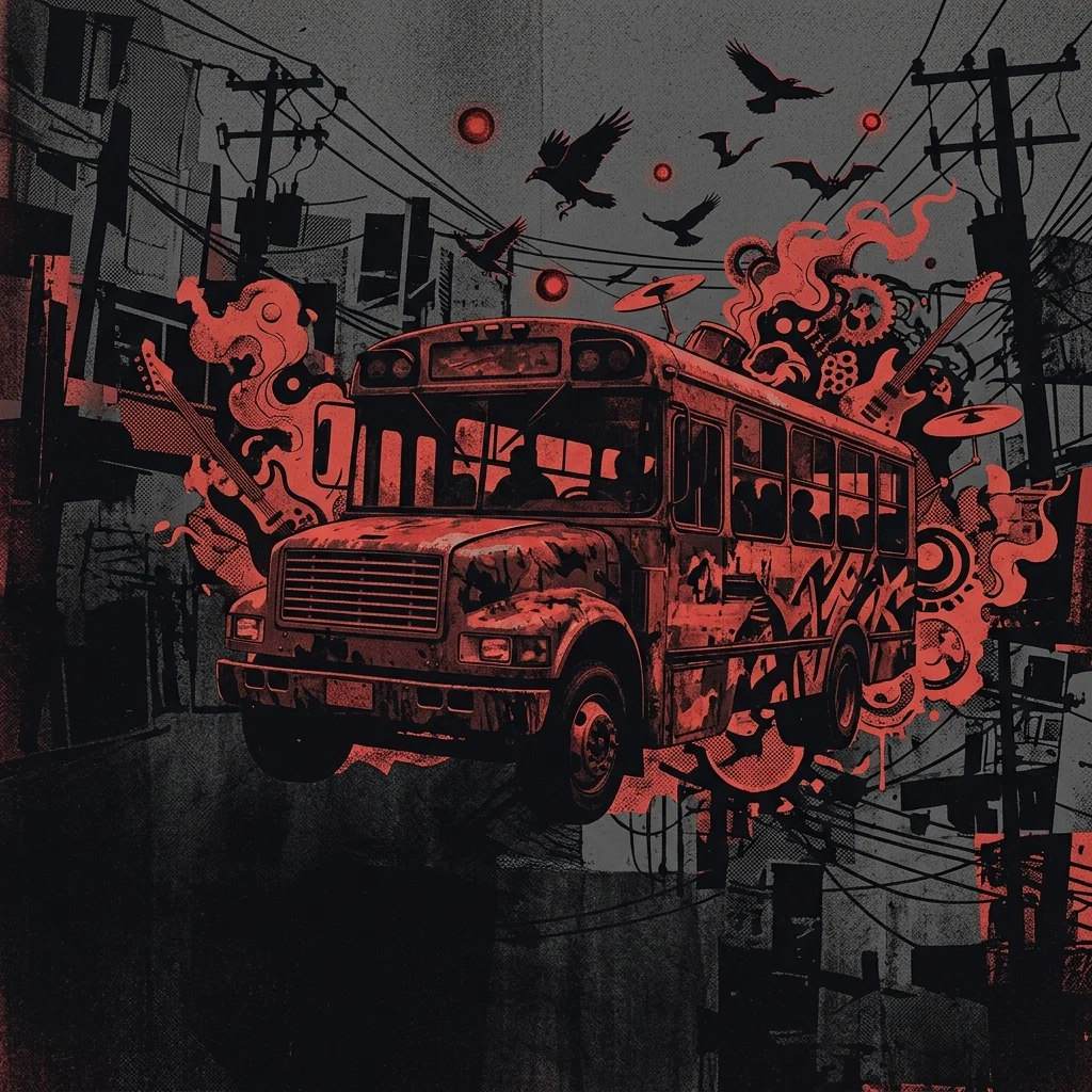 ilustración tributo surrealista de un microbús urbano de la Ciudad de México estilizado, con elementos oníricos flotando, paleta rojo y negro, sin rostros ni logos