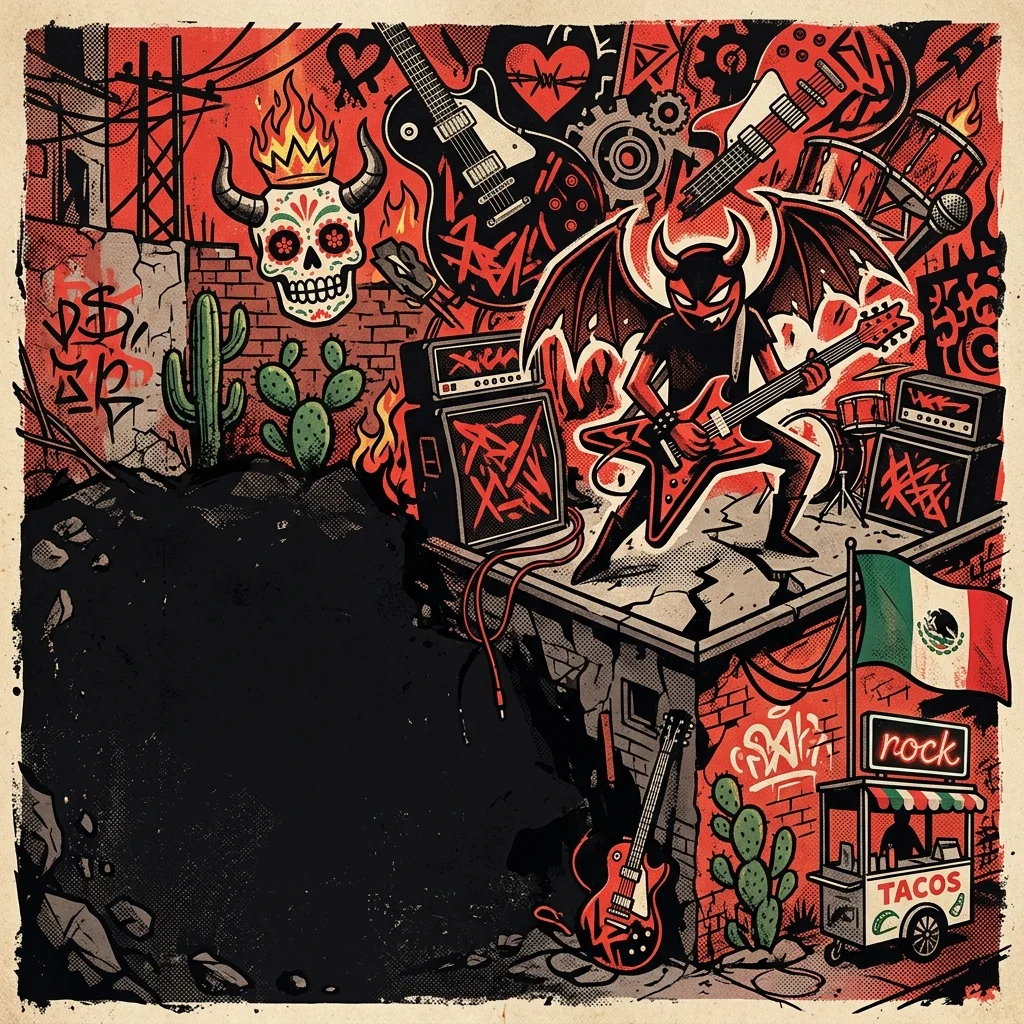 ilustración tributo de un collage pop surrealista con instrumentos de rock, diablos de caricatura y elementos urbanos mexicanos, paleta rojo y negro, sin texto ni logotipos