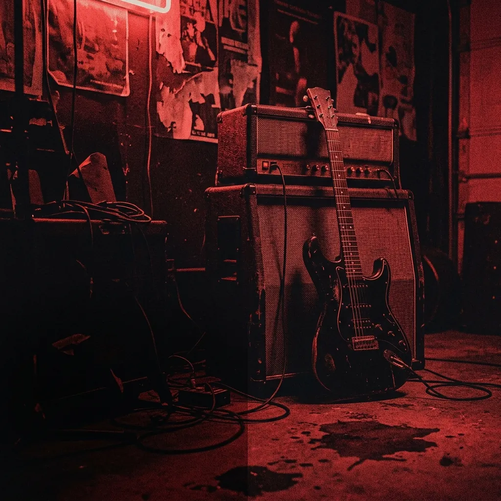 ilustración tributo de una guitarra eléctrica apoyada contra un amplificador en un garaje oscuro de Seattle, luz de neón roja, atmósfera de ensayo íntimo y energía contenida, paleta rojo y negro, sin rostros reconocibles ni logos