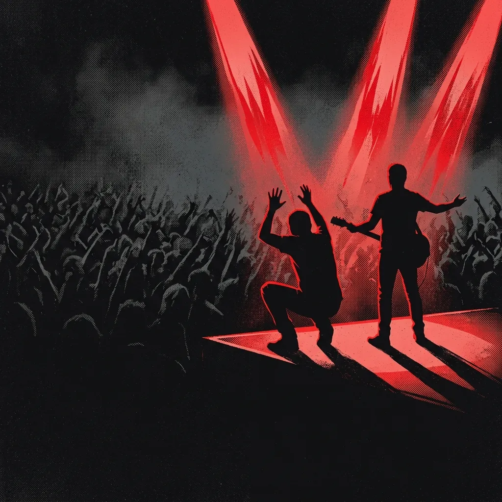 ilustración tributo de dos siluetas en el borde de un escenario iluminado con focos rojos, multitud invisible al fondo, atmósfera de concierto masivo y energía colectiva, paleta rojo y negro, sin rostros ni logos