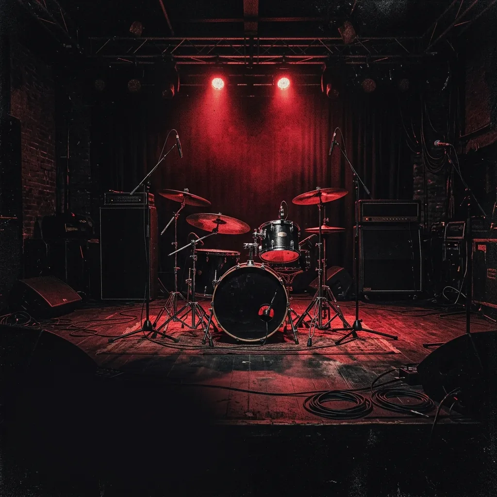 ilustración tributo de un kit de batería al centro de un escenario vacío, bañado en luz roja desde arriba, cables y amplificadores en penumbra alrededor, atmósfera de energía contenida antes del concierto, paleta rojo y negro, sin texto ni logotipos