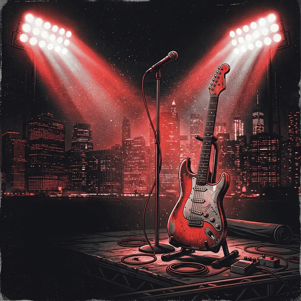ilustración tributo de una guitarra eléctrica y un micrófono bajo focos de estadio encendidos en la noche de Nueva York, atmósfera eléctrica y poderosa, paleta rojo y negro, sin rostros reconocibles ni logos