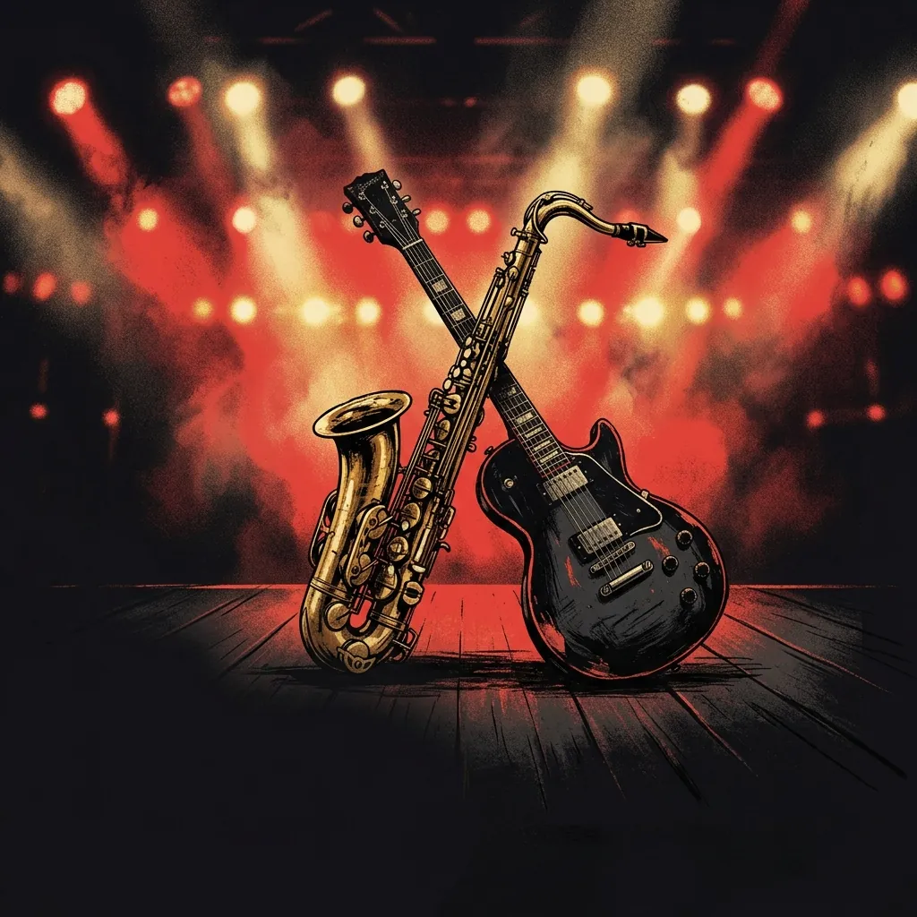 ilustración tributo de un saxofón dorado y una guitarra eléctrica cruzados sobre un escenario vacío con luces de concierto encendidas al fondo, atmósfera emocional y grandiosa, paleta rojo y negro, sin rostros ni logos