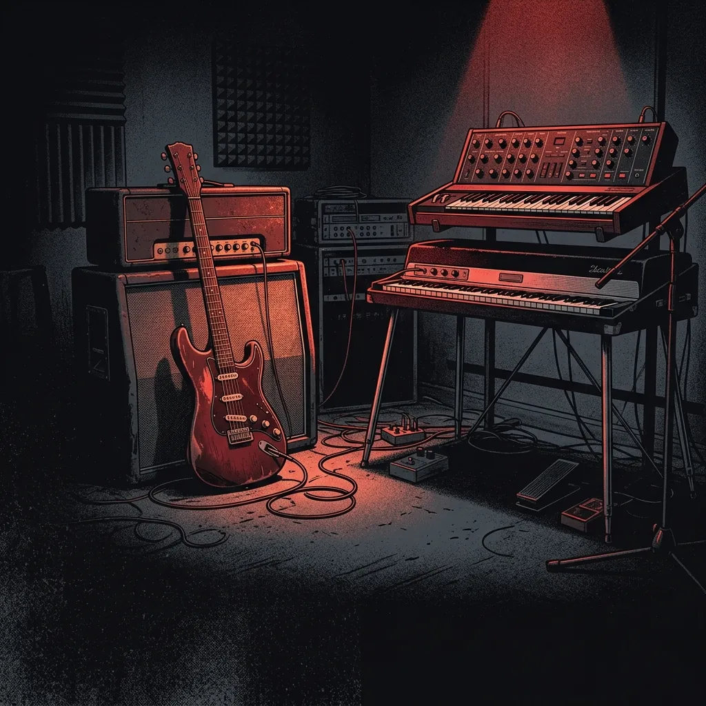 ilustración tributo de una guitarra eléctrica y teclados vintage bajo una luz cálida de estudio de grabación, estética rock de arena años 70-80, paleta rojo y negro, sin texto ni logotipos