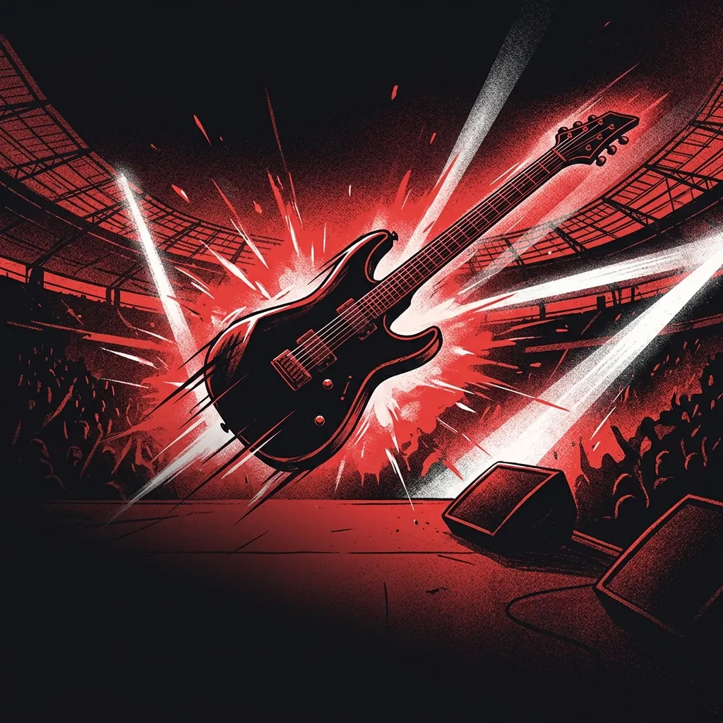 ilustración tributo de una guitarra eléctrica veloz suspendida sobre un escenario iluminado por bengalas rojas y rayos de luz blanca, estética de arena de concierto europeo, arquitectura de estadio al fondo, paleta rojo y negro, sin rostros reconocibles ni logos
