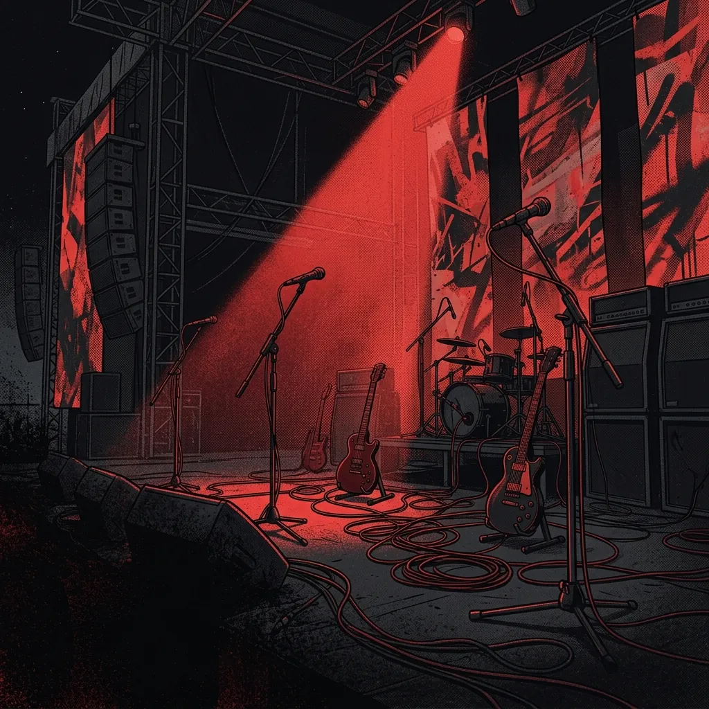 ilustración tributo de un escenario de festival de metal europeo visto desde el fondo, multitud levantando puños hacia un haz de luz roja que baja del techo, atmósfera de celebración colectiva y energía desbordante, paleta rojo y negro, sin rostros reconocibles ni logos