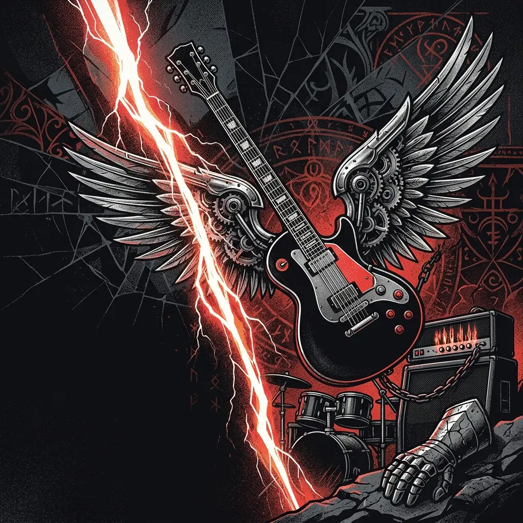 ilustración tributo de un collage simbólico con una guitarra eléctrica, un rayo de luz atravesando la oscuridad y alas metálicas extendidas sobre un fondo negro con detalles en rojo carmesí, estética de power metal europeo, sin texto ni logotipos