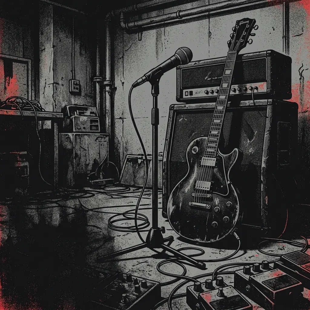 ilustración tributo de un micrófono frente a una guitarra eléctrica distorsionada con cables y efectos de estudio, atmósfera industrial de sala de ensayo, paleta rojo y negro sin rostros reconocibles ni logos