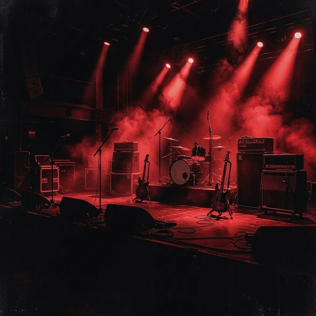 ilustración tributo de un escenario de concierto con haces de luz roja atravesando el humo negro, siluetas de equipos musicales eléctricos y amplificadores en un recinto de tamaño mediano, paleta rojo y negro, sin rostros ni logos