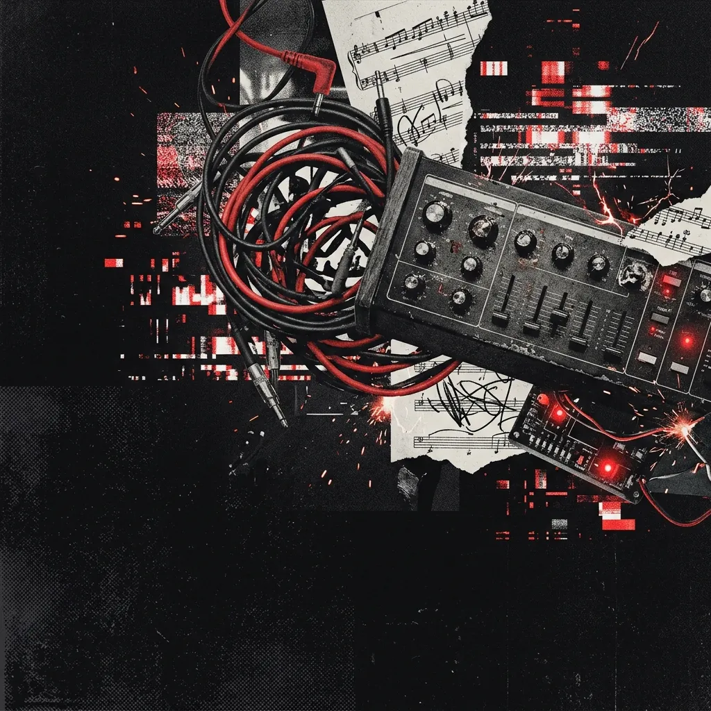 ilustración tributo de un collage de elementos sonoros —cables de guitarra, sintetizador analógico, partitura fragmentada y estática de señal digital— sobre fondo oscuro con destellos rojos, estética nu metal urbana, paleta rojo y negro, sin texto ni logotipos