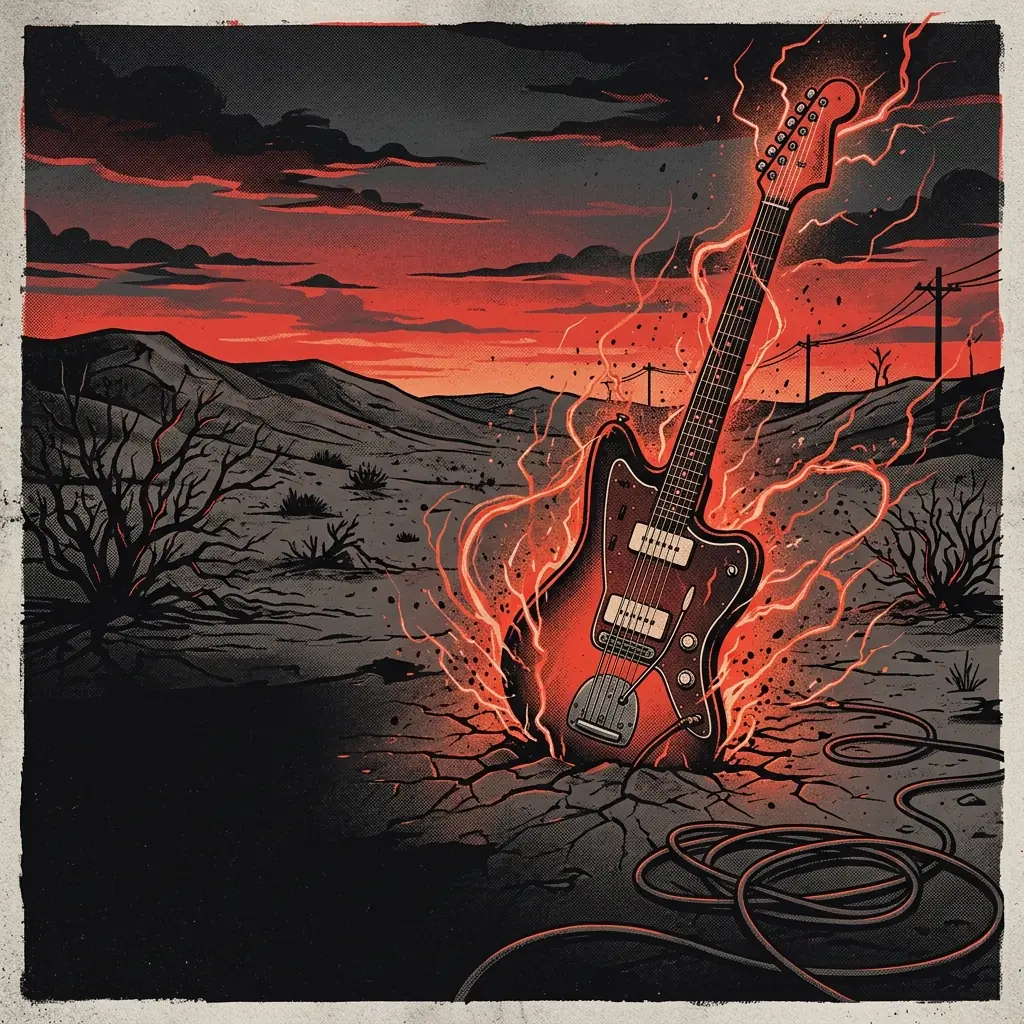 ilustración tributo de una guitarra eléctrica desbordante de energía fuzz frente a un paisaje desértico californiano al atardecer, electricidad en el aire, paleta rojo y negro, sin rostros reconocibles ni logos