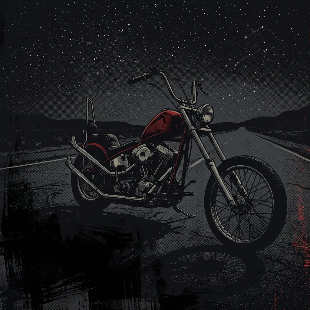 ilustración tributo de una moto personalizada sobre asfalto californiano bajo un cielo nocturno con estrellas, atmósfera de carretera infinita y libertad pesada, paleta rojo y negro, sin rostros ni logos