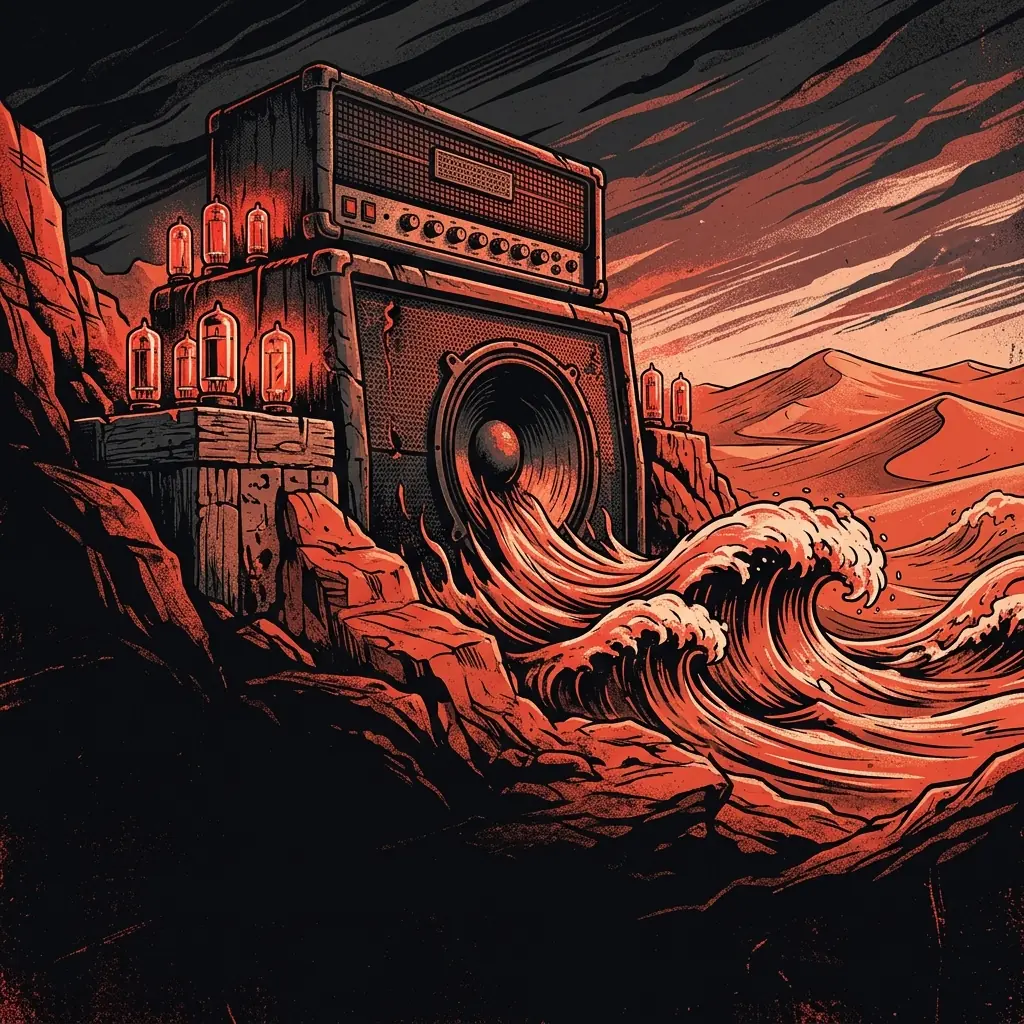 ilustración tributo de un amplificador valve gigantesco con ondas de sonido que se transforman en olas de surf y dunas de arena, estética stoner rock californiana, paleta rojo y negro, sin texto ni logotipos