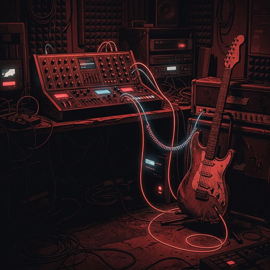 ilustración tributo de un sintetizador analógico y una guitarra eléctrica conectados por cables luminosos en un estudio nocturno de Berlín, destellos de pantallas azules y rojas, atmósfera densa y cinematográfica, paleta rojo y negro, sin rostros reconocibles ni logos