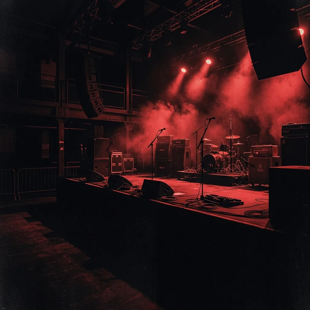 ilustración tributo de un escenario europeo con haces de luz roja y niebla escénica, siluetas de equipos de sonido y amplificadores en un recinto de mediana capacidad, atmósfera post-hardcore oscura y emotiva, paleta rojo y negro, sin rostros ni logos