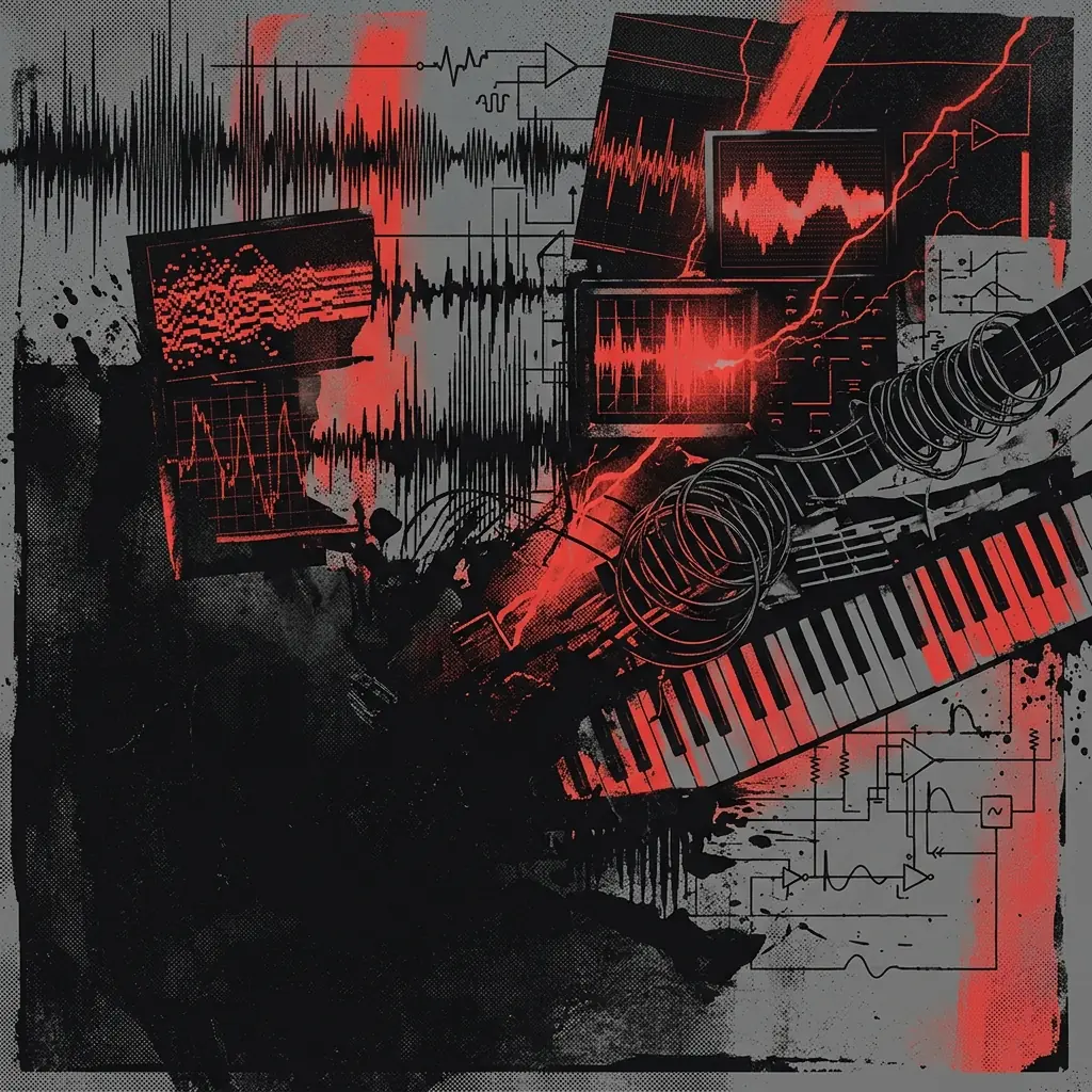 ilustración tributo de un collage de ondas sonoras, teclas de sintetizador, cuerdas de guitarra eléctrica y pantallas con formas de onda digitales, todo en una paleta rojo y negro con texturas metálicas y destellos eléctricos, sin texto ni logotipos