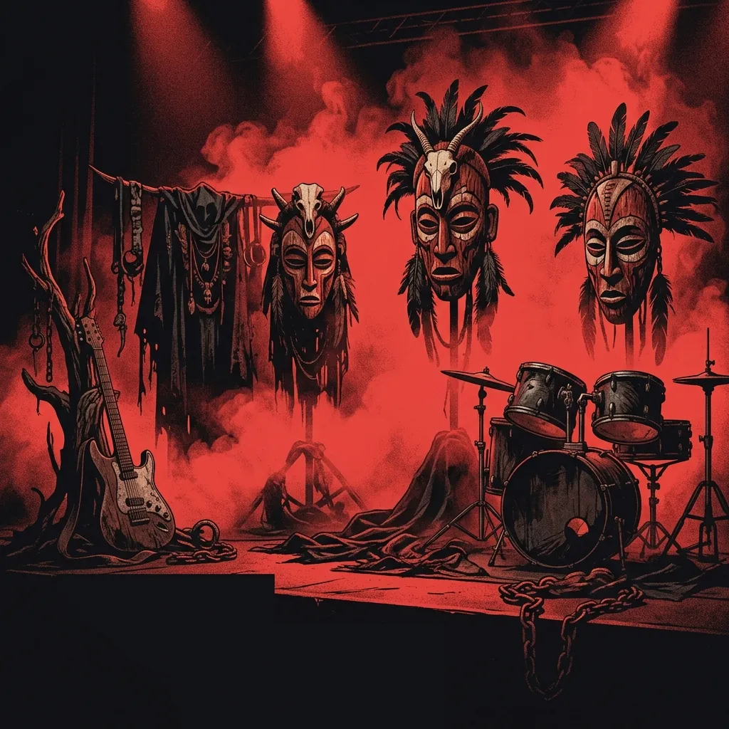 ilustración tributo de figuras enmascaradas con indumentaria negra en un escenario envuelto en niebla roja, atmósfera ritual y oscura, sin rostros reconocibles ni logos, paleta rojo y negro