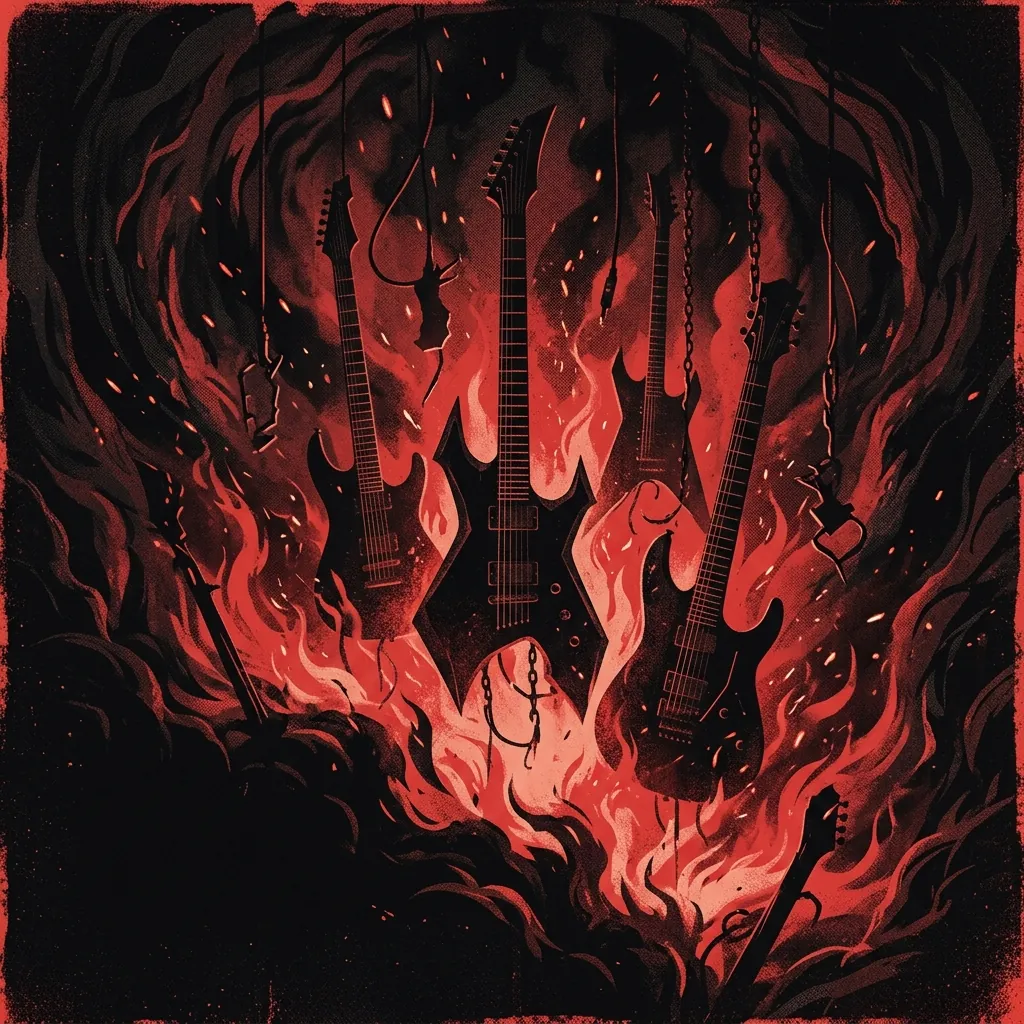 ilustración tributo de guitarras eléctricas suspendidas en un abismo de llamas rojas y humo negro, evocando la catarsis y la intensidad del metal extremo atmosférico, sin rostros ni logos, paleta rojo y negro