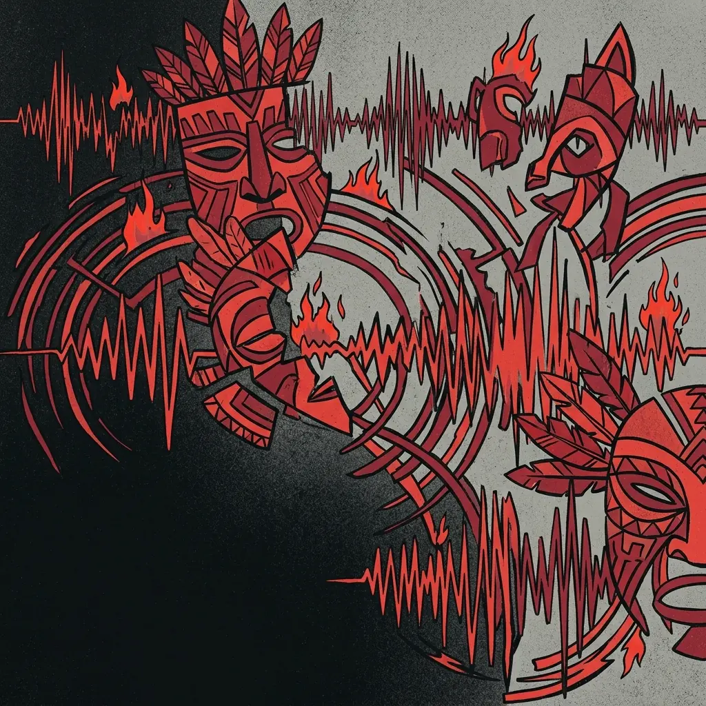 ilustración tributo de ondas sonoras entrelazadas con fragmentos de máscaras rituales y llamas rojas sobre fondo negro, evocando la arquitectura sonora en capas y la identidad anónima del colectivo de Porto, sin texto ni logotipos