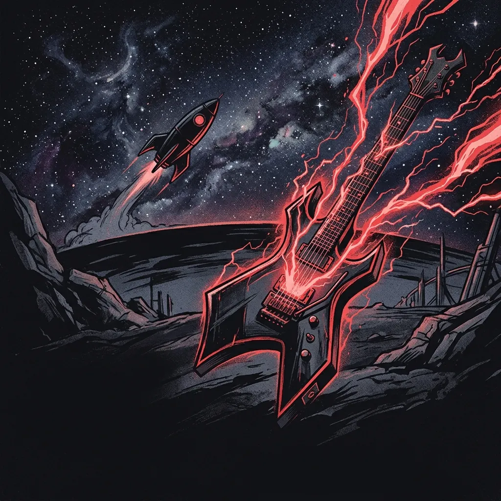 ilustración tributo de una guitarra eléctrica lanzando rayos de energía hacia el cosmos, cohete espacial en el horizonte, atmósfera épica y metálica, paleta rojo y negro sobre fondo estelar, sin rostros ni logos