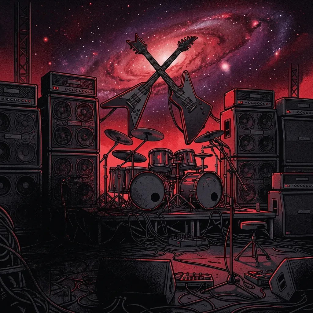 ilustración tributo de un escenario de metal bañado en luz estelar roja con guitarras cruzadas sobre un fondo de galaxias, atmósfera de clímax épico, paleta rojo y negro profundo, sin rostros ni logos reconocibles