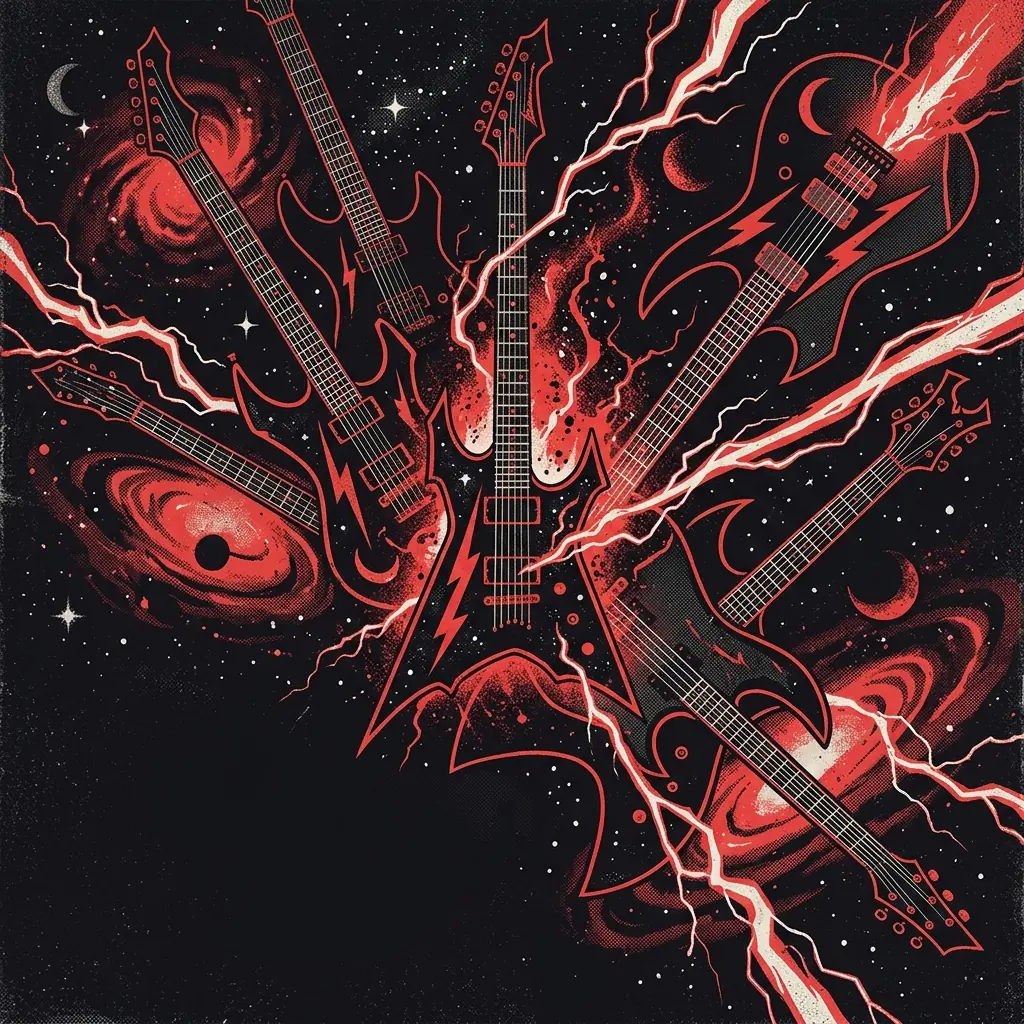 ilustración tributo de un collage de guitarras eléctricas, rayos de energía y motivos cósmicos entrelazados, estética power metal alemán de los 90, paleta rojo y negro sobre universo estrellado, sin texto ni logotipos
