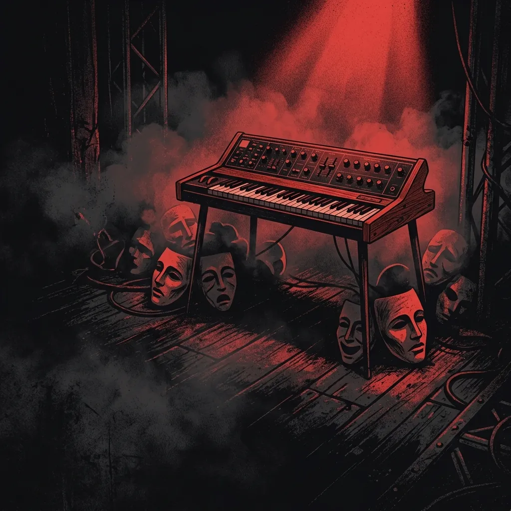 ilustración tributo de un teclado vintage rodeado de niebla y mascaras teatrales sobre un escenario oscuro iluminado por un foco solitario, atmósfera épica y progresiva, paleta rojo y negro, sin rostros reconocibles ni logos