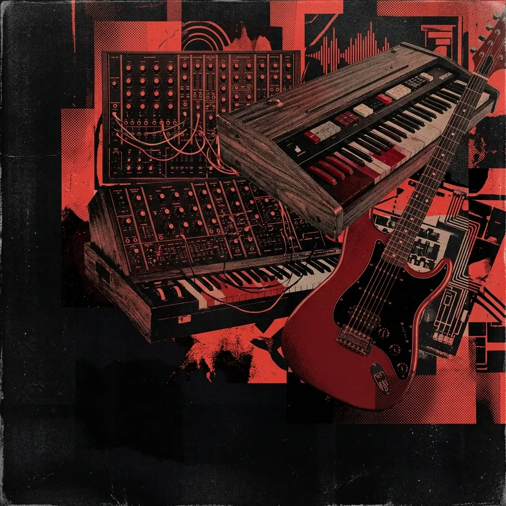 ilustración tributo de un collage de teclados vintage, sintetizadores análogos y una guitarra con armonías visuales abstractas, estética art-rock de los 70-80, paleta rojo y negro, sin texto ni logotipos
