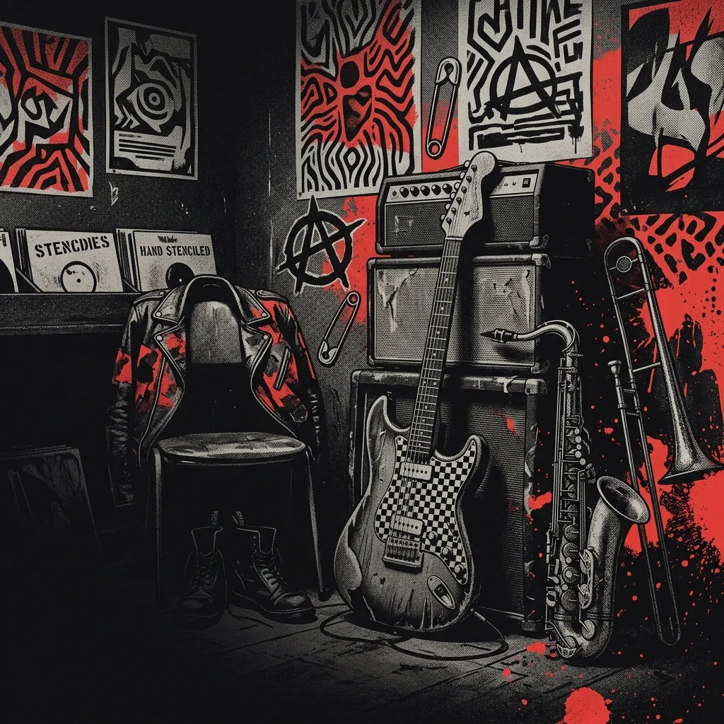 ilustración tributo de iconografía punk irreverente con guitarras, instrumentos de ska y elementos de humor gráfico sobre fondo oscuro con rojo intenso, sin rostros ni logos