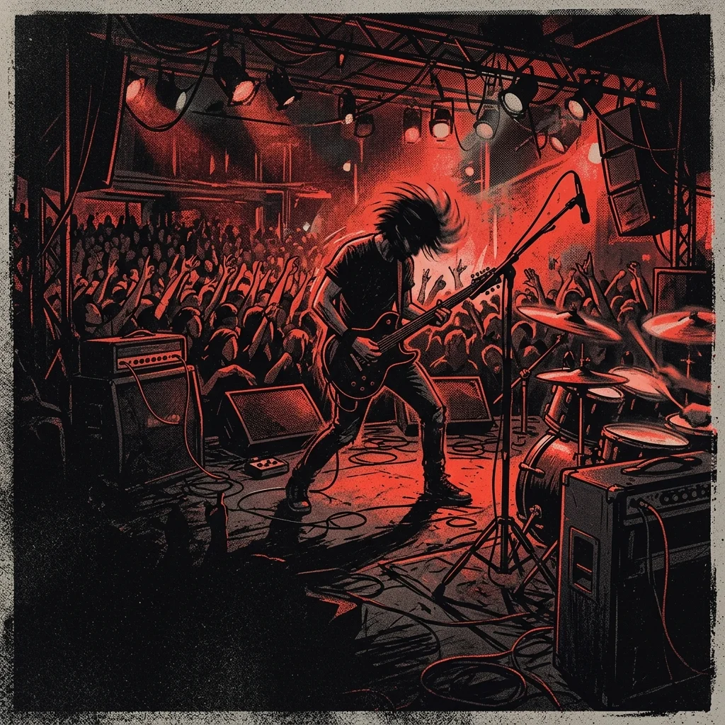 ilustración tributo de un escenario de rock con energía desbordada, instrumentos y luces caóticas, atmósfera festiva e irreverente, paleta rojo y negro, sin rostros ni logos