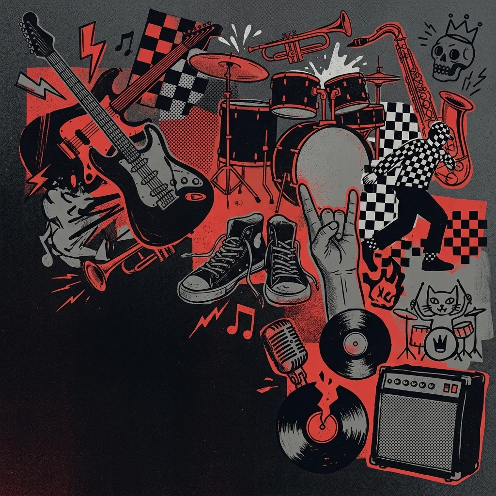 ilustración tributo de un collage gráfico irreverente con instrumentos de rock, ska y elementos de humor sobre fondo oscuro con rojo intenso, sin texto ni logotipos