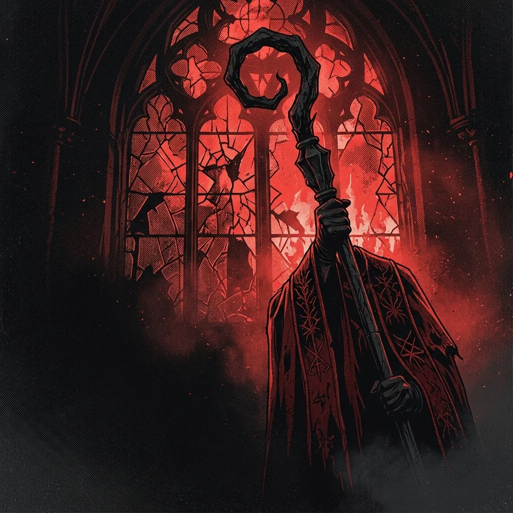 ilustración tributo de una figura con túnica papal oscura y pintura de calavera en el rostro, altar de velas y cruces invertidas en un escenario cavernoso, atmósfera de misa ocultista, paleta rojo y negro, sin rostros reconocibles ni logos