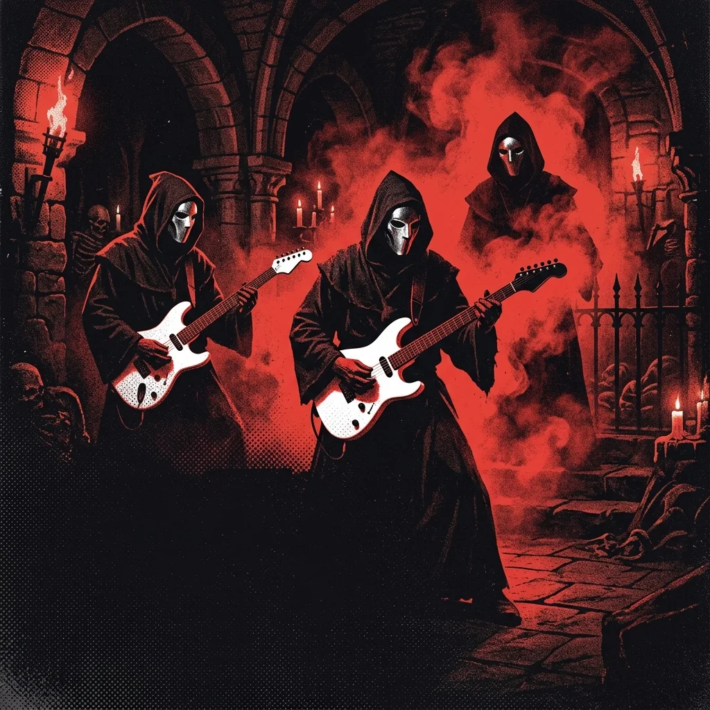 ilustración tributo de una figura encapuchada con capucha negra tocando guitarra en un escenario iluminado por velas gigantes, siluetas de feligreses levantando los brazos en la oscuridad, paleta rojo y negro, sin rostros reconocibles ni logos