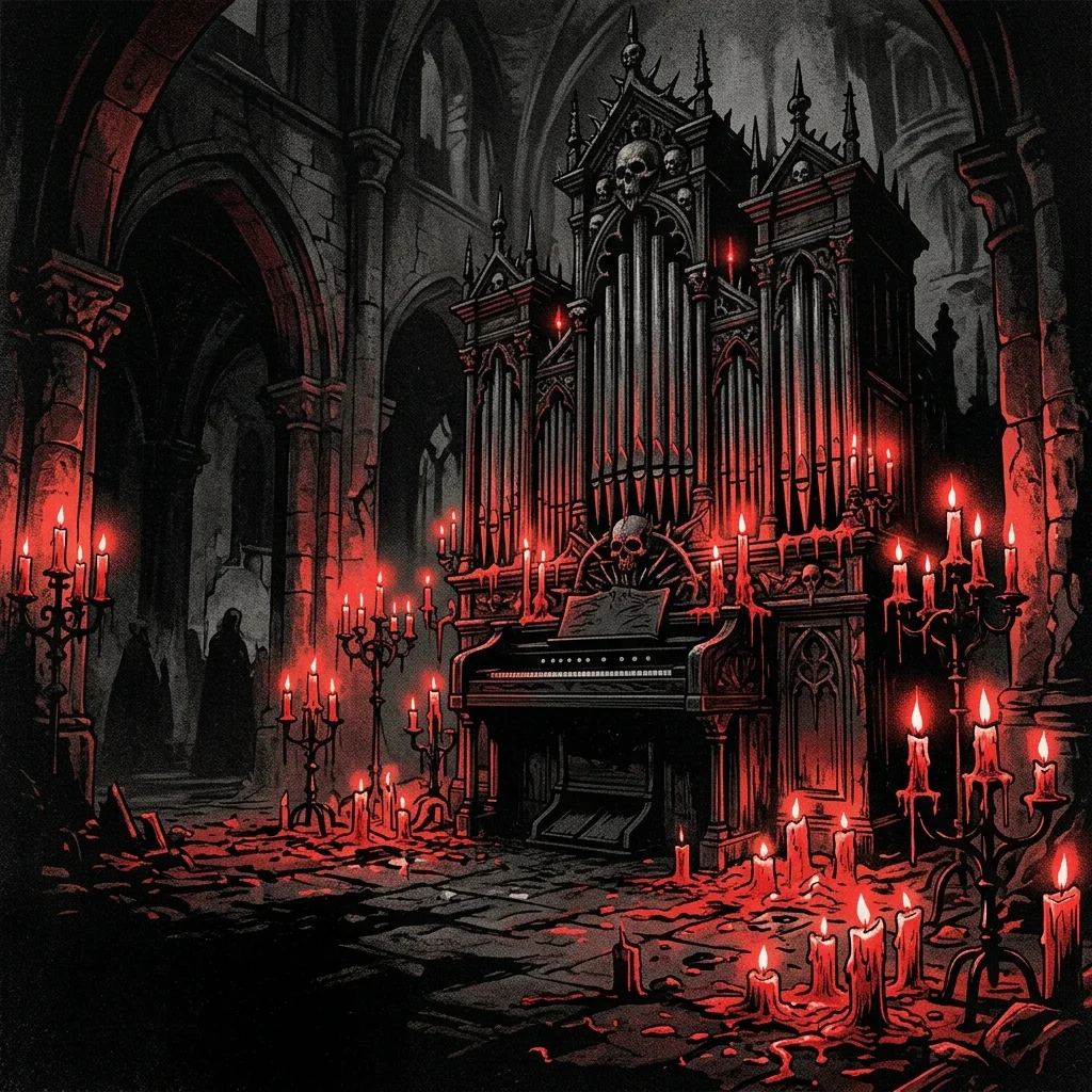 ilustración tributo de un órgano de iglesia convertido en instrumento de rock, guitarras eléctricas cruzadas sobre un altar de velas y motivos eclesiásticos oscuros, atmósfera solemne y teatral, paleta rojo y negro, sin texto ni logotipos