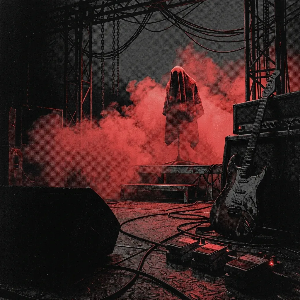 ilustración tributo de una figura solitaria envuelta en humo rojo sobre un escenario metálico, atmósfera industrial y opresiva, guitarras y pedales de efectos en primer plano, paleta rojo y negro, sin rostros reconocibles ni logos