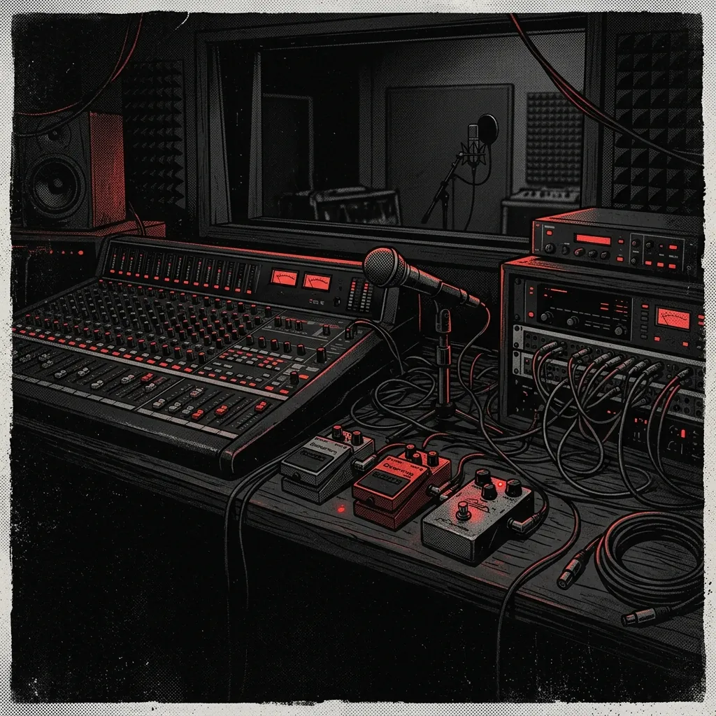 ilustración tributo de un estudio de producción en penumbra con mezcla de equipo analógico y digital, cables, pedales de distorsión y luces de consola, atmósfera de trabajo intenso y creación oscura, paleta rojo y negro, sin texto ni logotipos