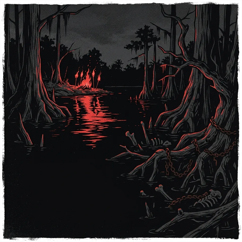 ilustración tributo de un pantano nocturno de Luisiana con árboles retorcidos, agua negra reflejando llamas rojas, huesos y cadenas entre las raíces, atmósfera blackened death metal Nueva Orleans, sin rostros reconocibles ni logos, paleta rojo y negro