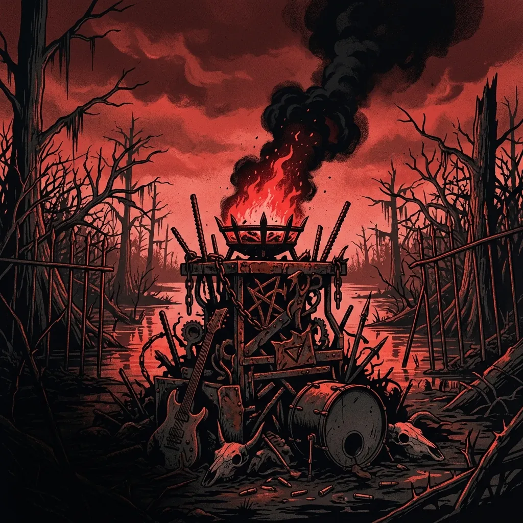 ilustración tributo de un altar de metal y fuego en medio de un pantano, columnas de humo negro ascendiendo hacia un cielo rojizo sin estrellas, rejas oxidadas y ramas secas, atmósfera death metal sureño, sin rostros ni logos, paleta rojo y negro