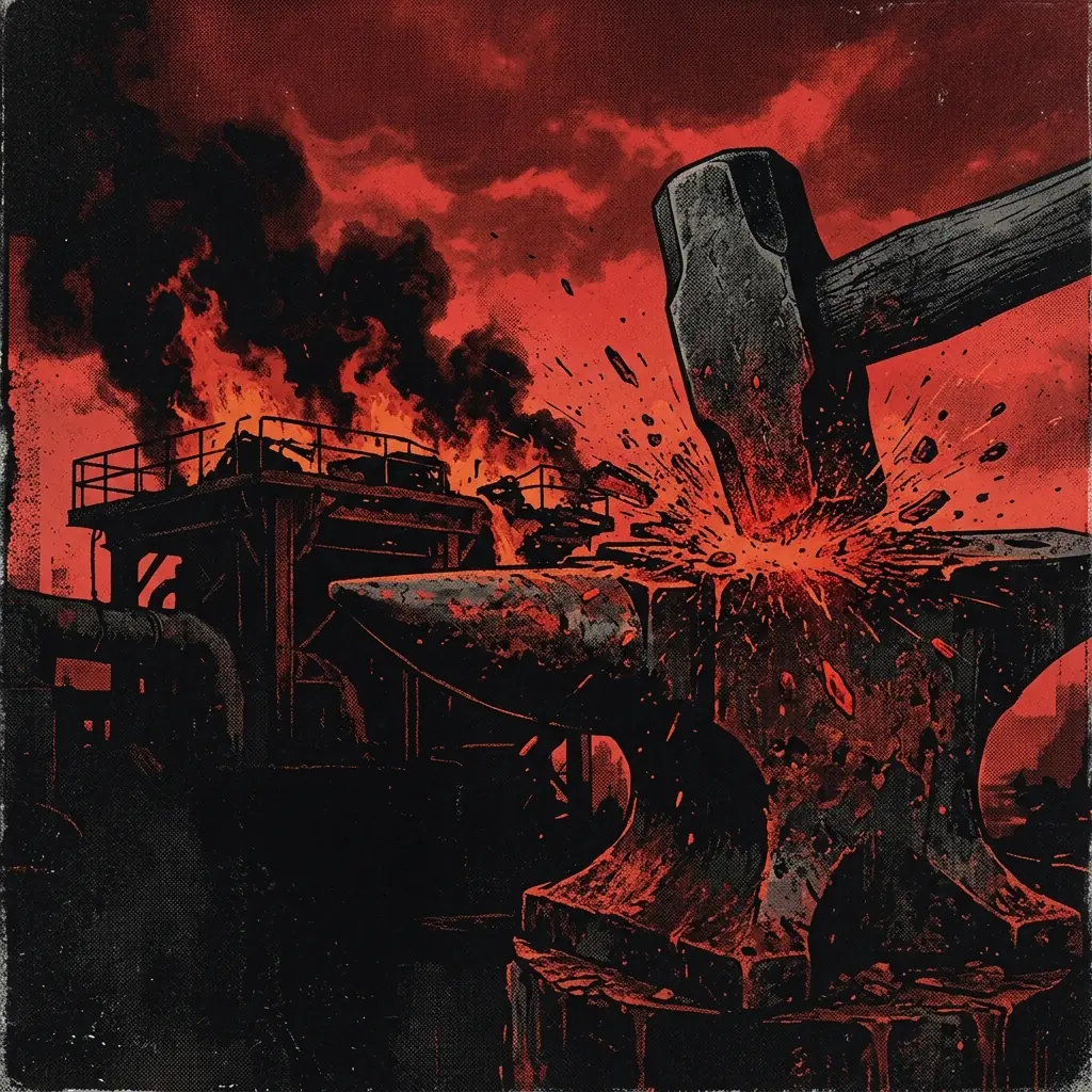 ilustración tributo de un martillo de acero golpeando una plataforma industrial en llamas bajo un cielo rojo oscuro, atmósfera post-grunge Massachusetts 1998, sin rostros reconocibles ni logos, paleta rojo y negro intensa