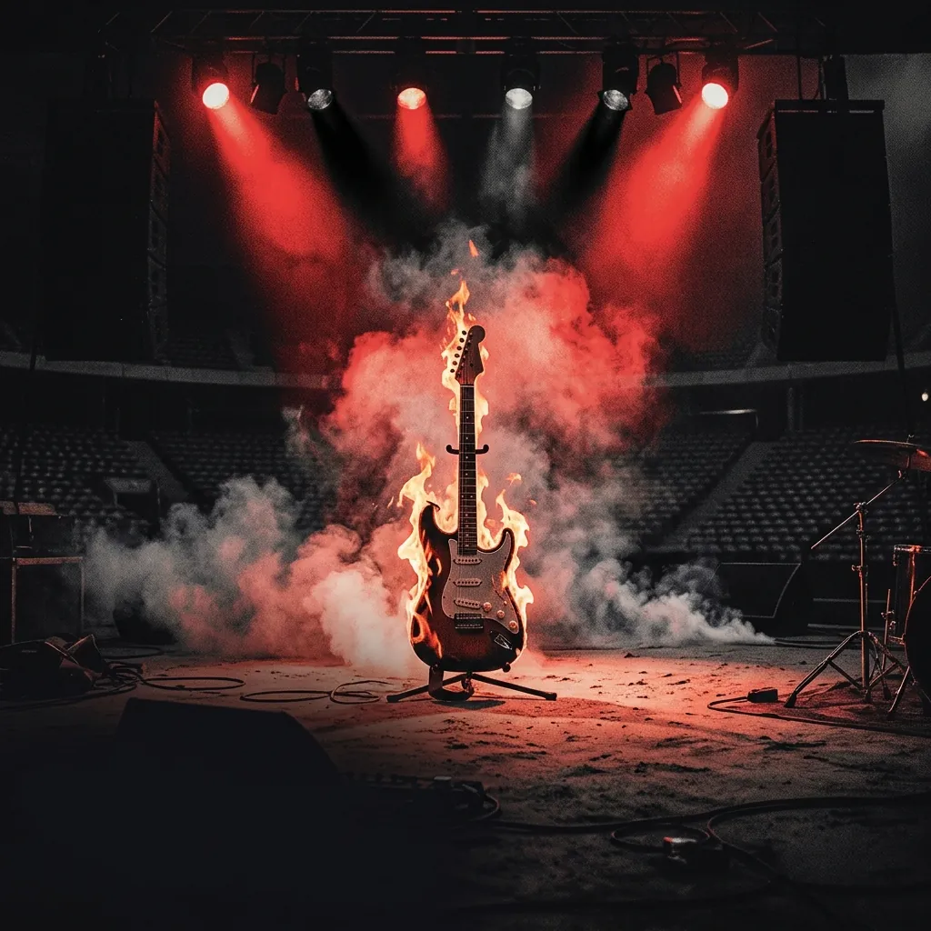 ilustración tributo de una guitarra eléctrica en llamas sobre un escenario de arena vacío iluminado por reflectores rojos y negros, humo denso en el suelo, atmósfera de hard rock de estadio, sin rostros ni logos, paleta rojo y negro